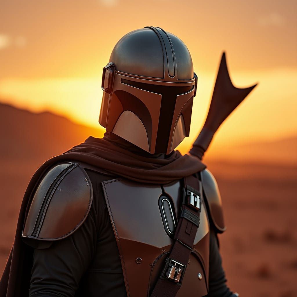Mandalorian Hero on Distant Alien World at Sunset