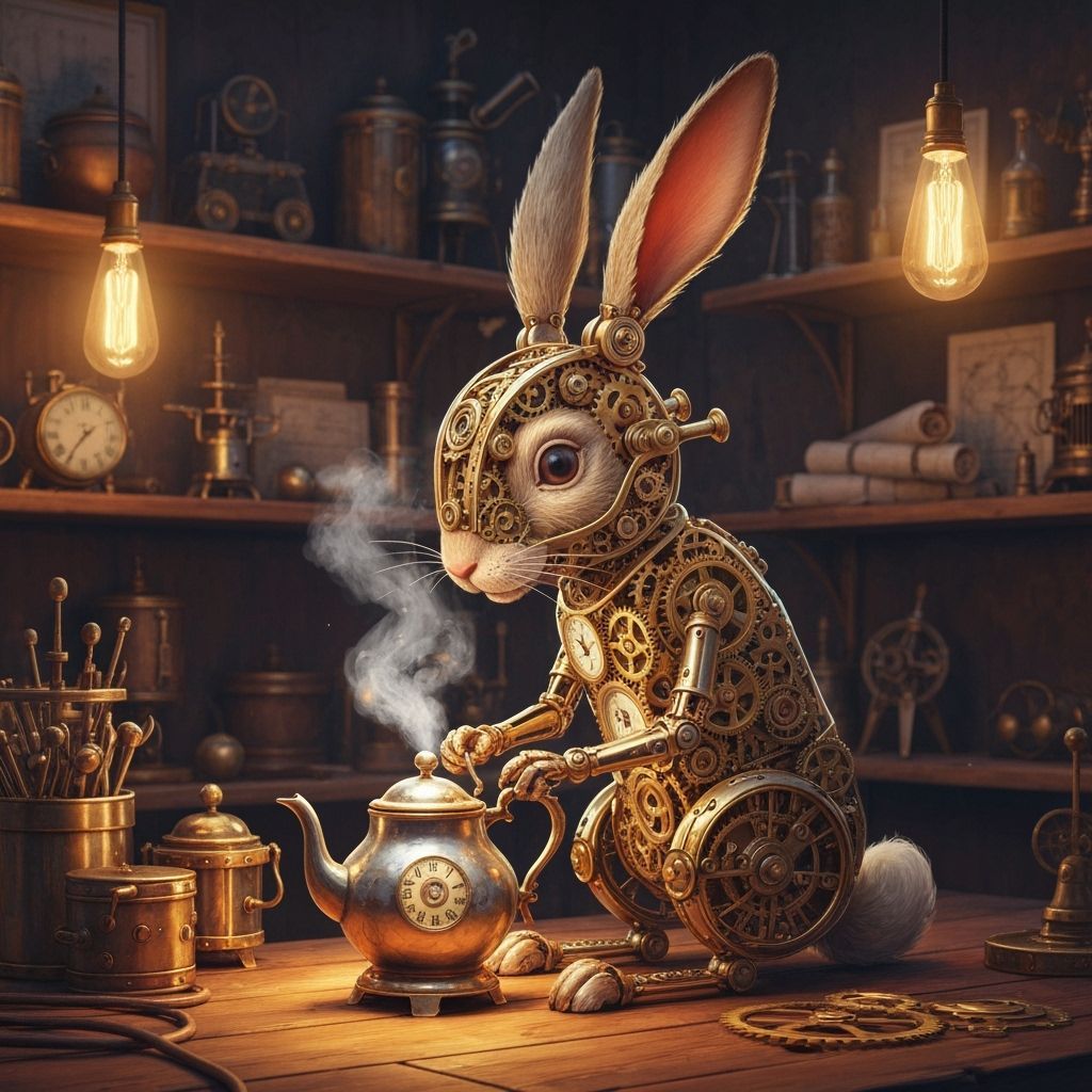 Whimsical Clockwork Rabbit in Steampunk Workshop