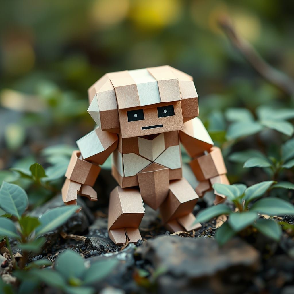 Whimsical Origami Golem in Natural Minecraft Landscape