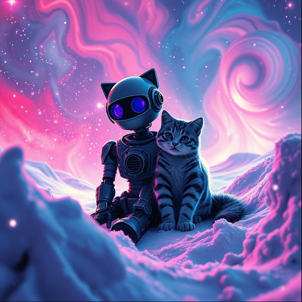 Robot and Cat in Cosmic Winter Landscape