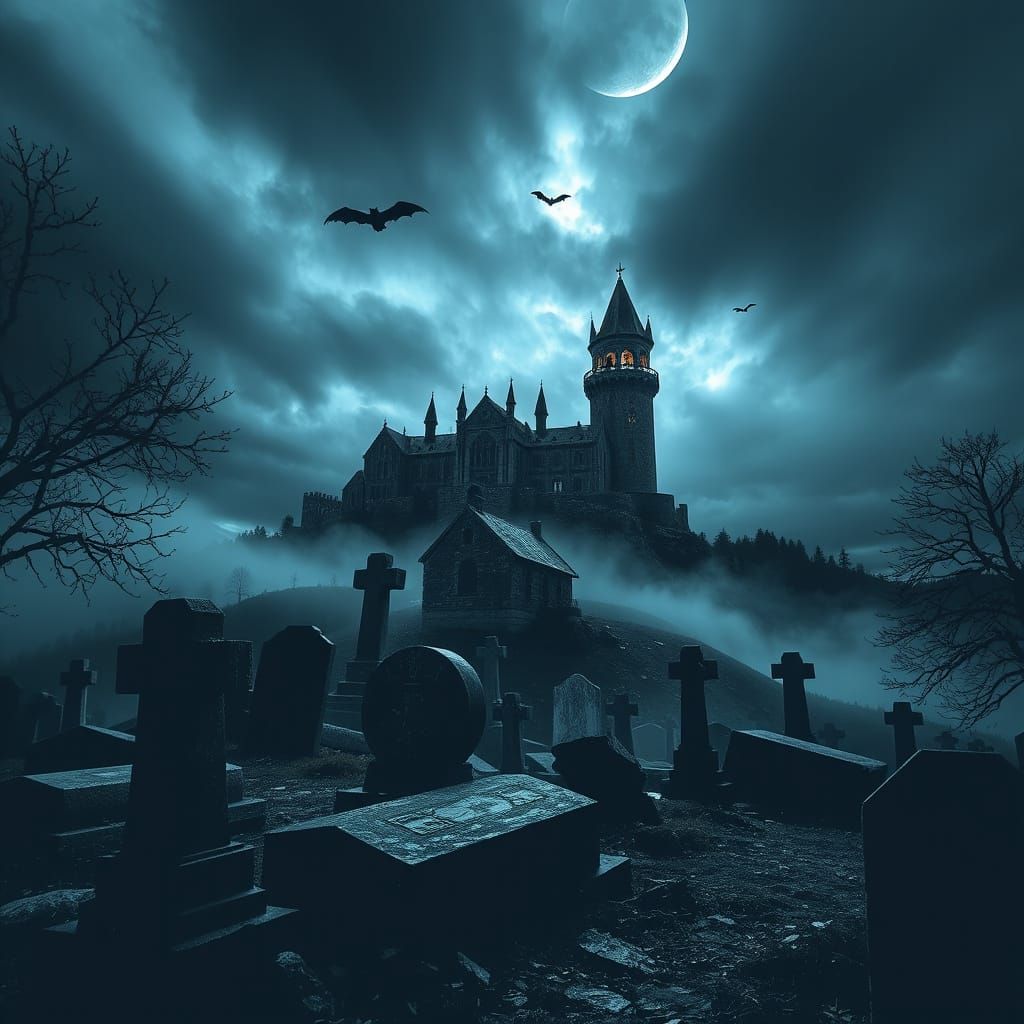 Spooky Castle and Cemetery in Foggy Night