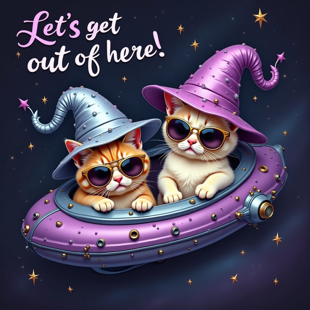 Cats in Spacecraft Wearing Witch Hats Cartoon