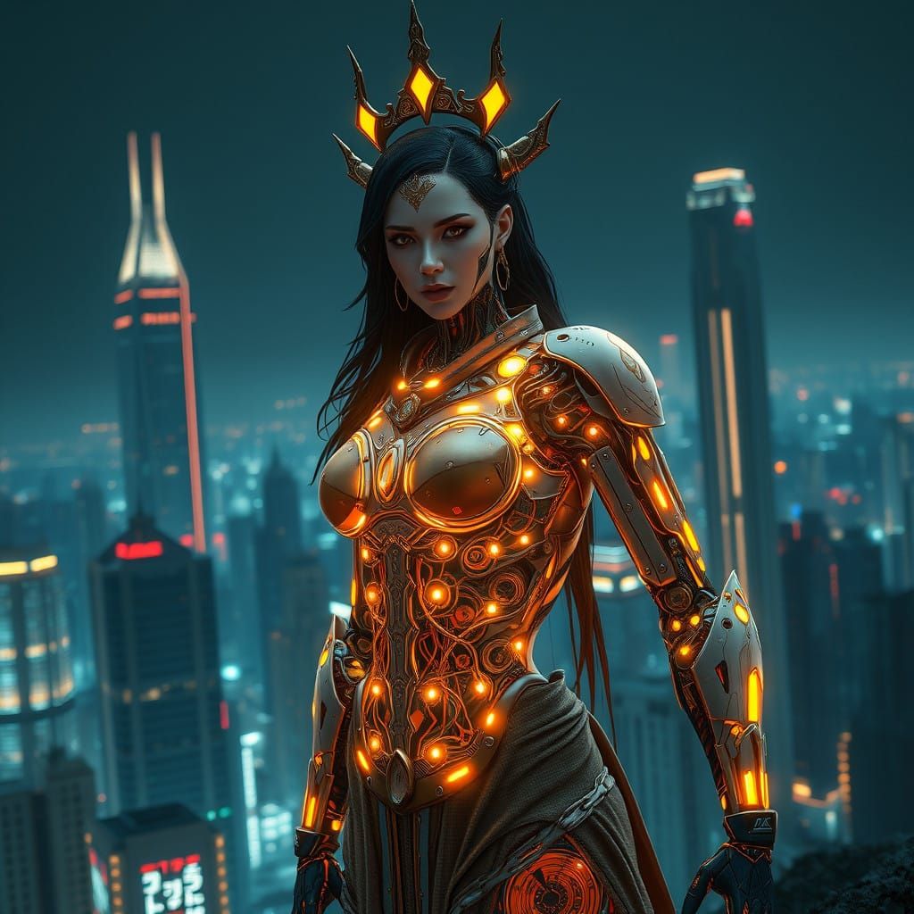 Cyberpunk Goddess Hestia Emerges in a Futuristic Metropolis