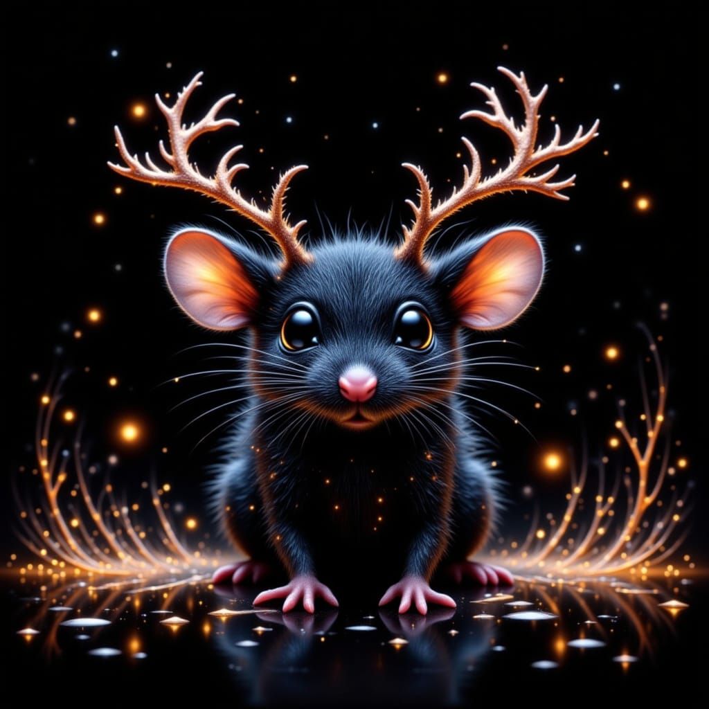 Cute Black Mouse with Fireflies