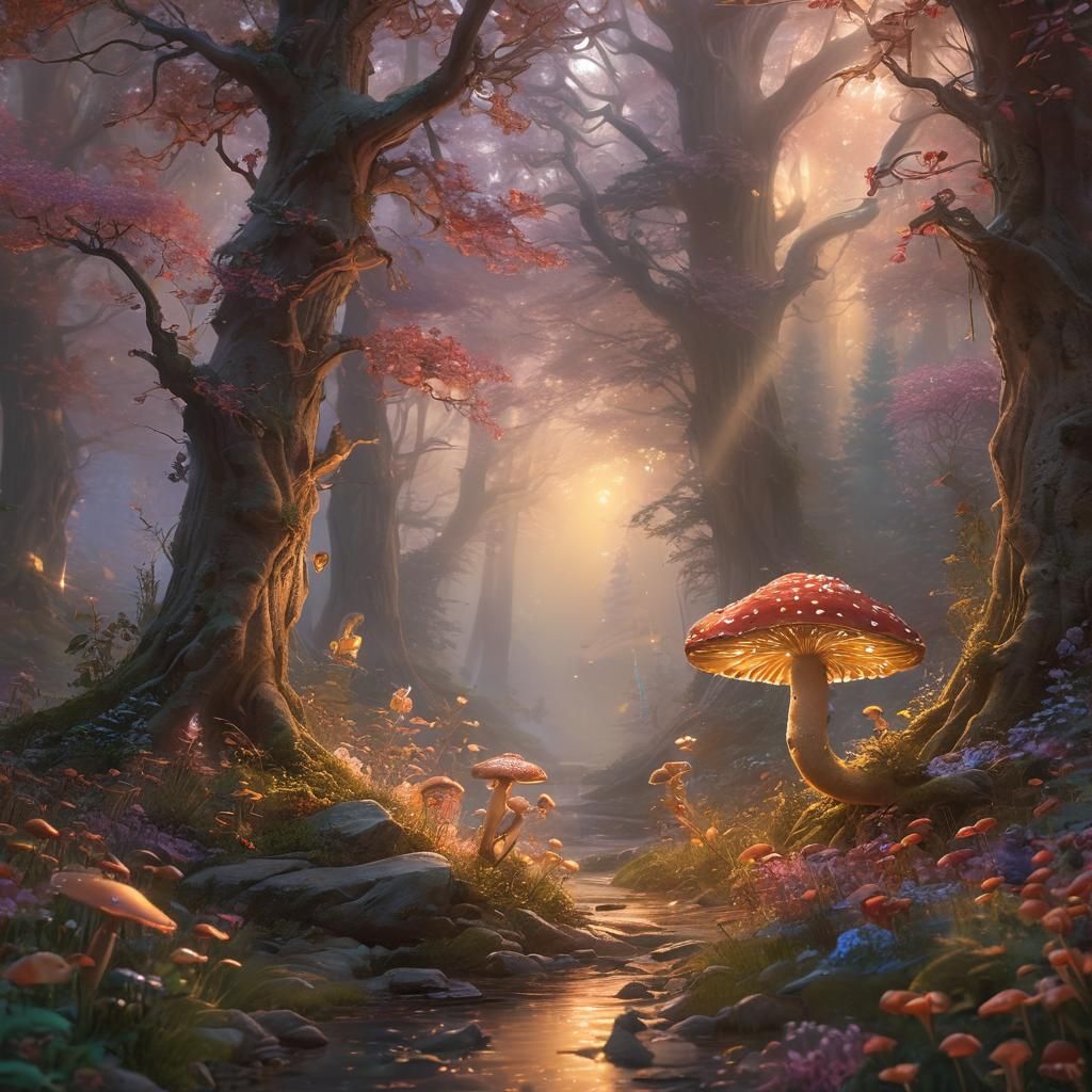 Beauty and Beast in Enchanted Forest, Kinkade Style