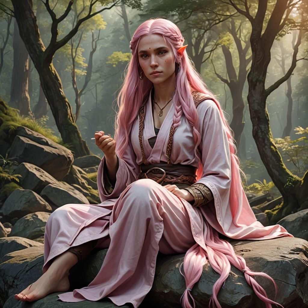 Pink Elf Sitting in the Forest (an elf cleric)