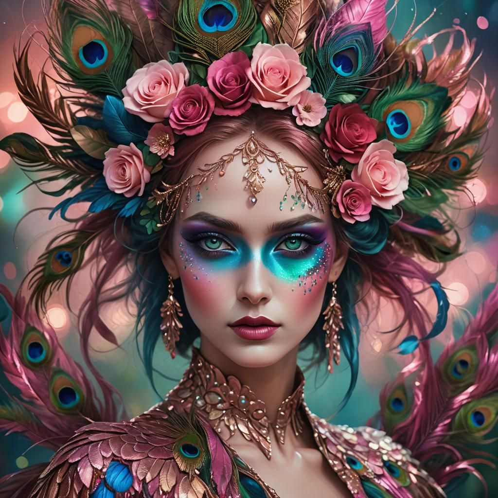 Rose Gold Woman with Peacock Feathers: Fantasy Art