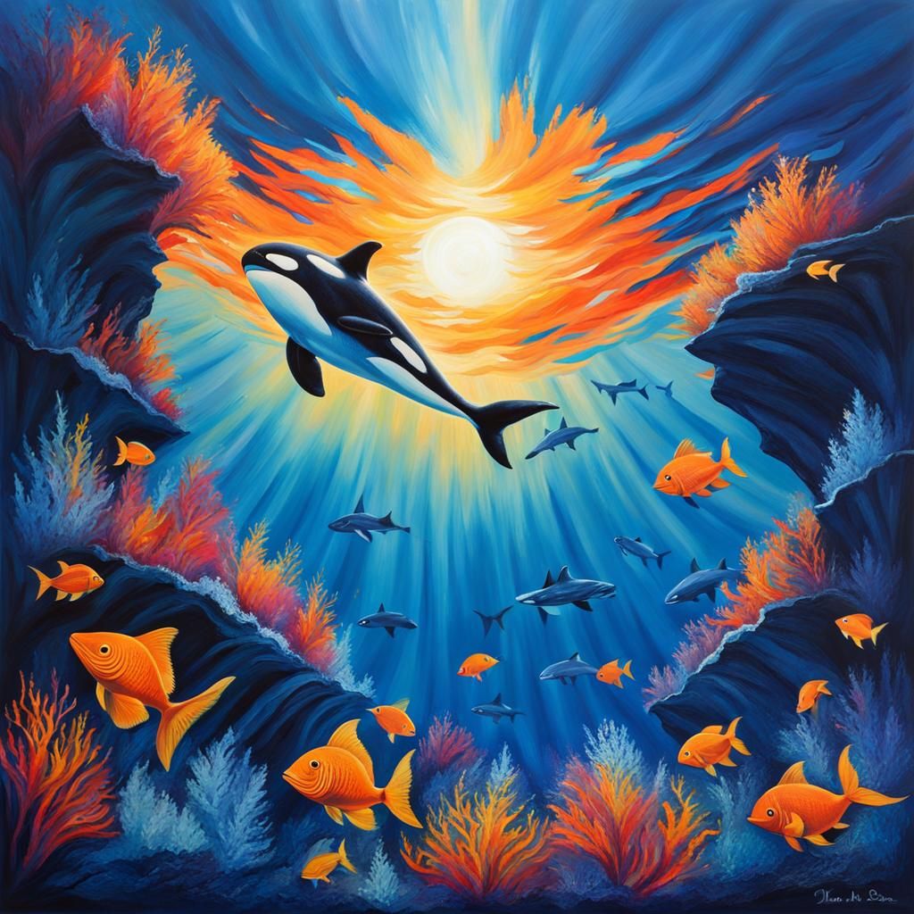 Orca in Arctic Waters: Impressionistic Wildlife Art