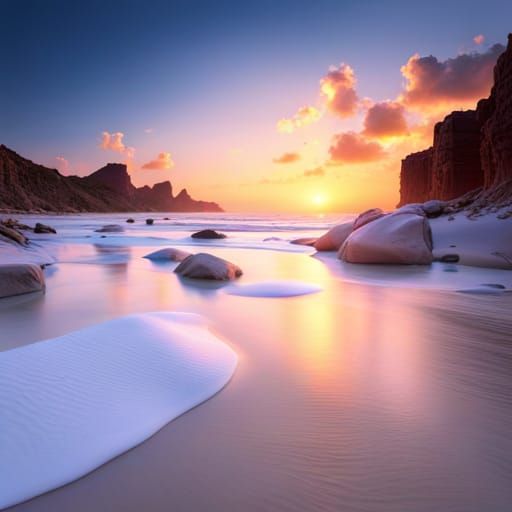 Seascape Sunset: Camels on White Sand Beach