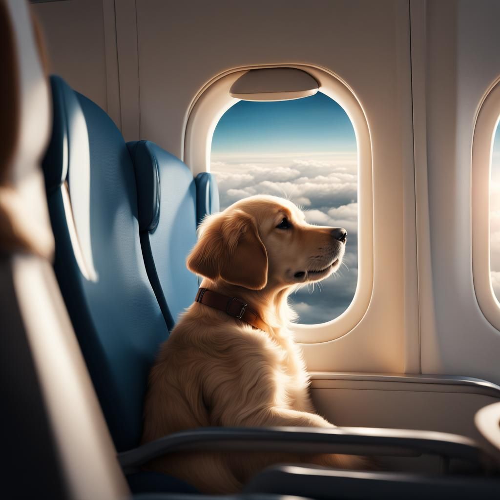 Golden Retriever Puppy on Airplane, Digital Art