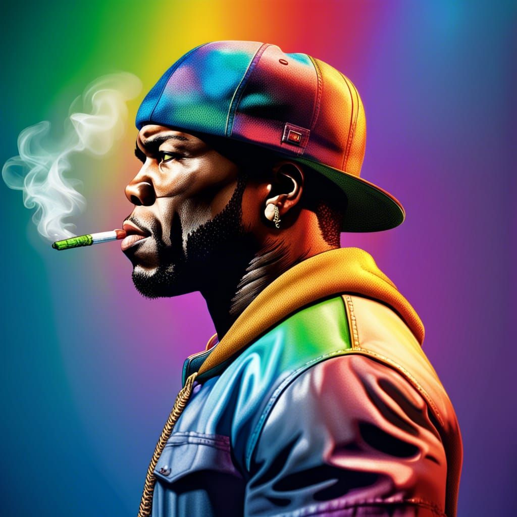 Hyperrealistic 50 Cent Smoking with Rainbow Effect
