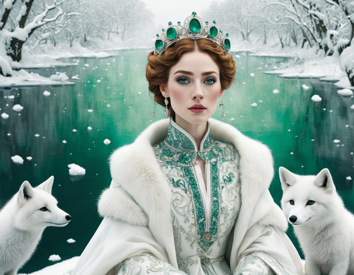 Regal Princess Surrounded by Snowy Foxes in Gustav Klimt Sty...