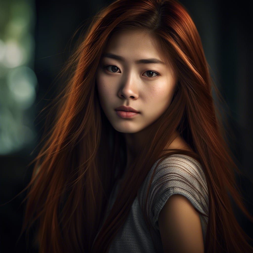 Hyperrealistic Portrait of an Asian Girl with Brown-Red Hair