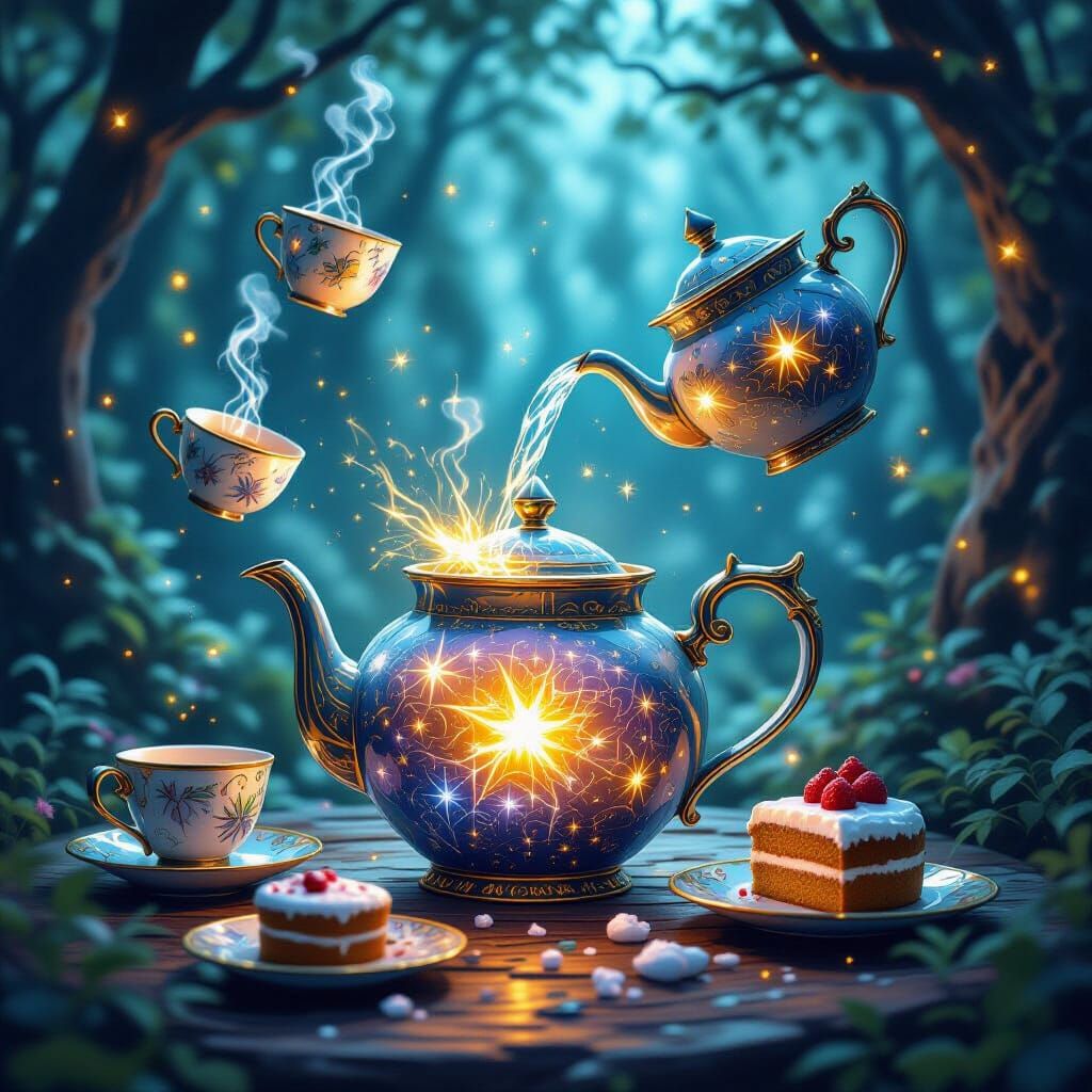 Ornate Teapot Pours Starlight into Magical Glade