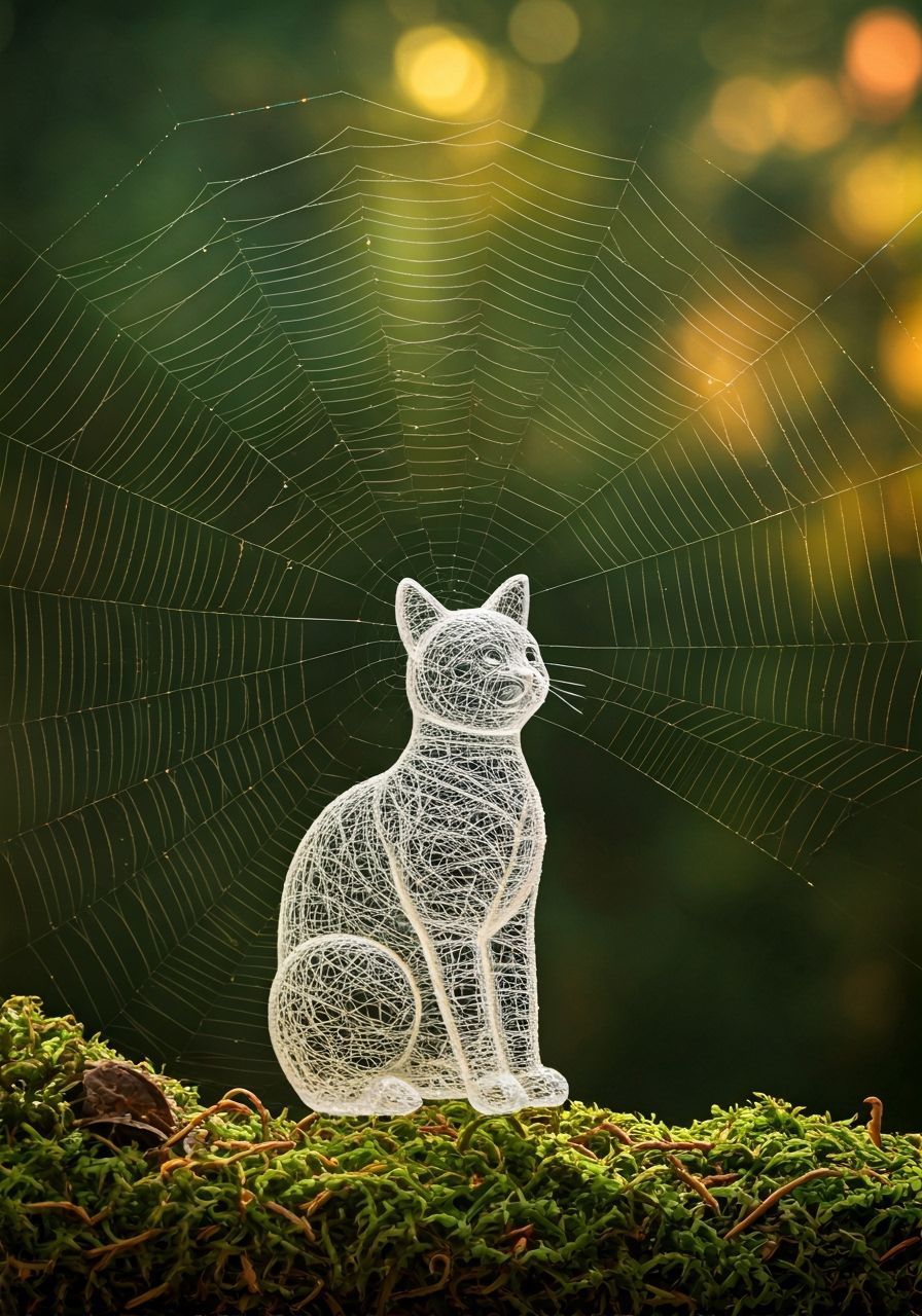 Elegant Spiderweb Cat in Magical Forest