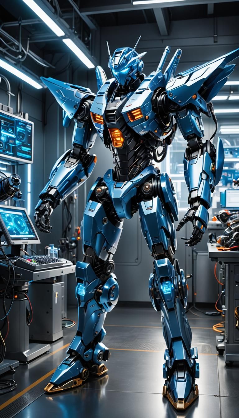 Futuristic Robot Action Figure in High-Tech Lab