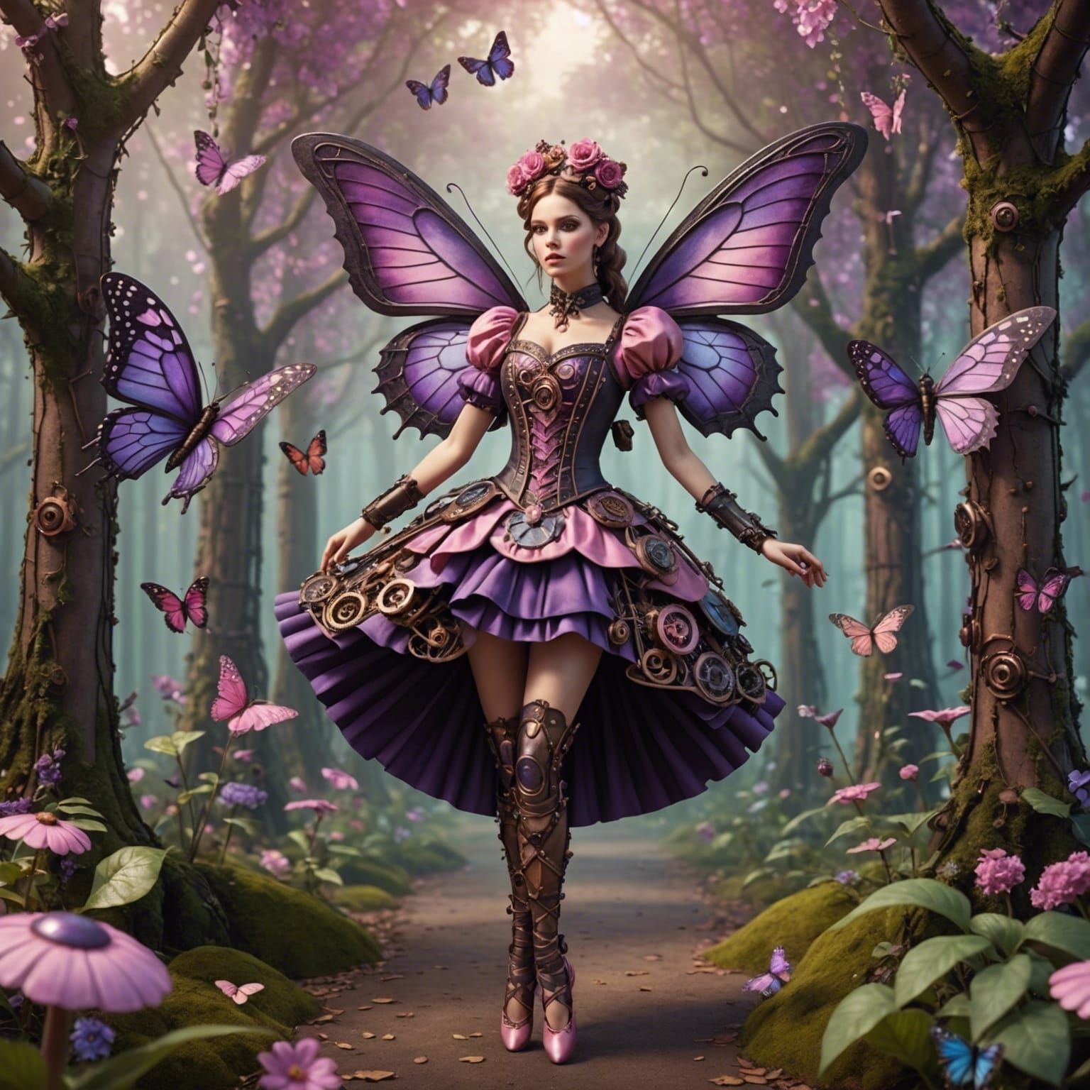 Steampunk Ballerina in Enchanting Mechanical Forest, 3D Rend...