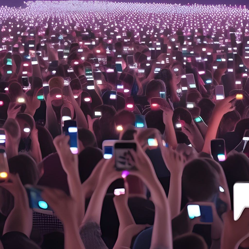 large crowd of people all staring at their phones, people an...