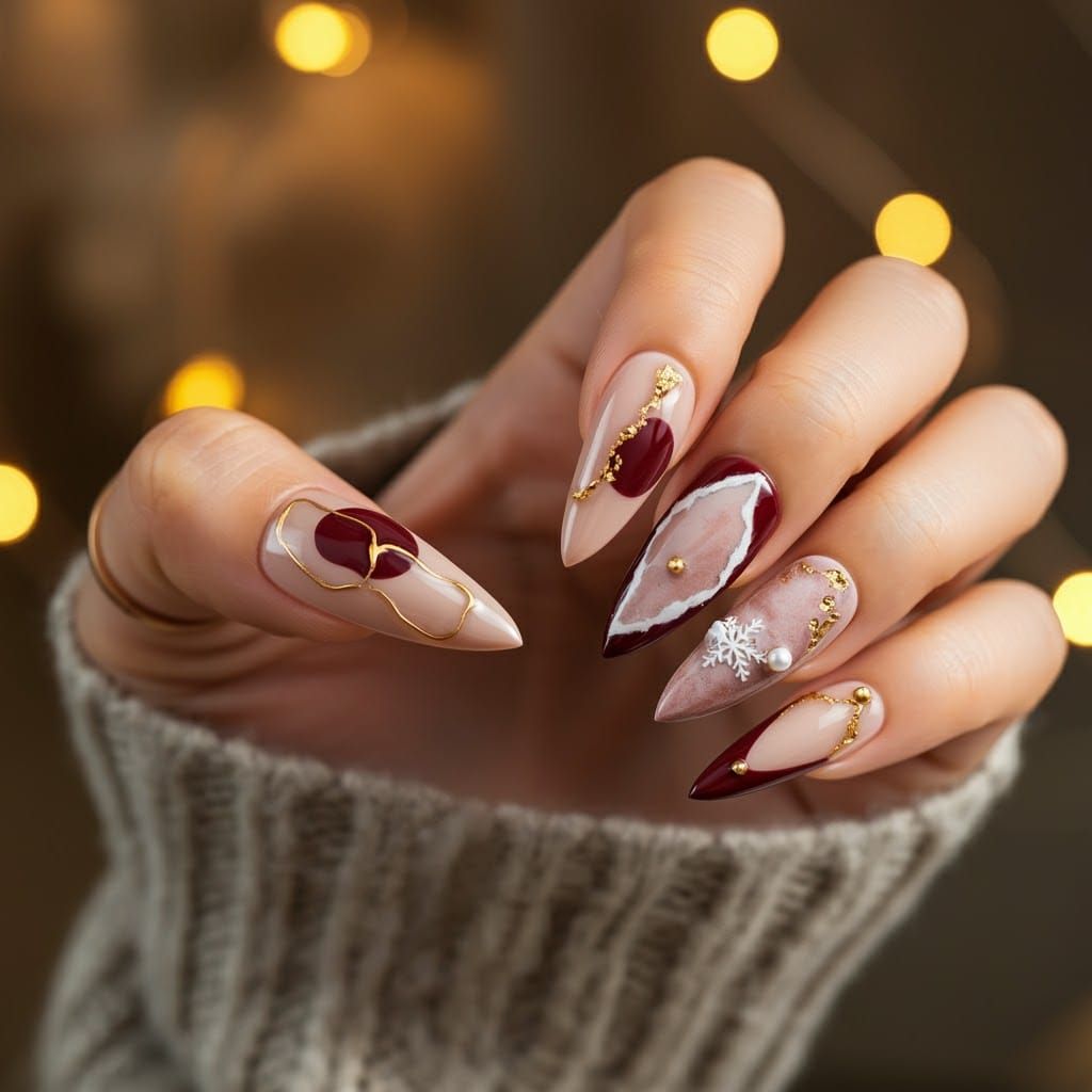 Intricate Stiletto Nail Art with Metallic Accents