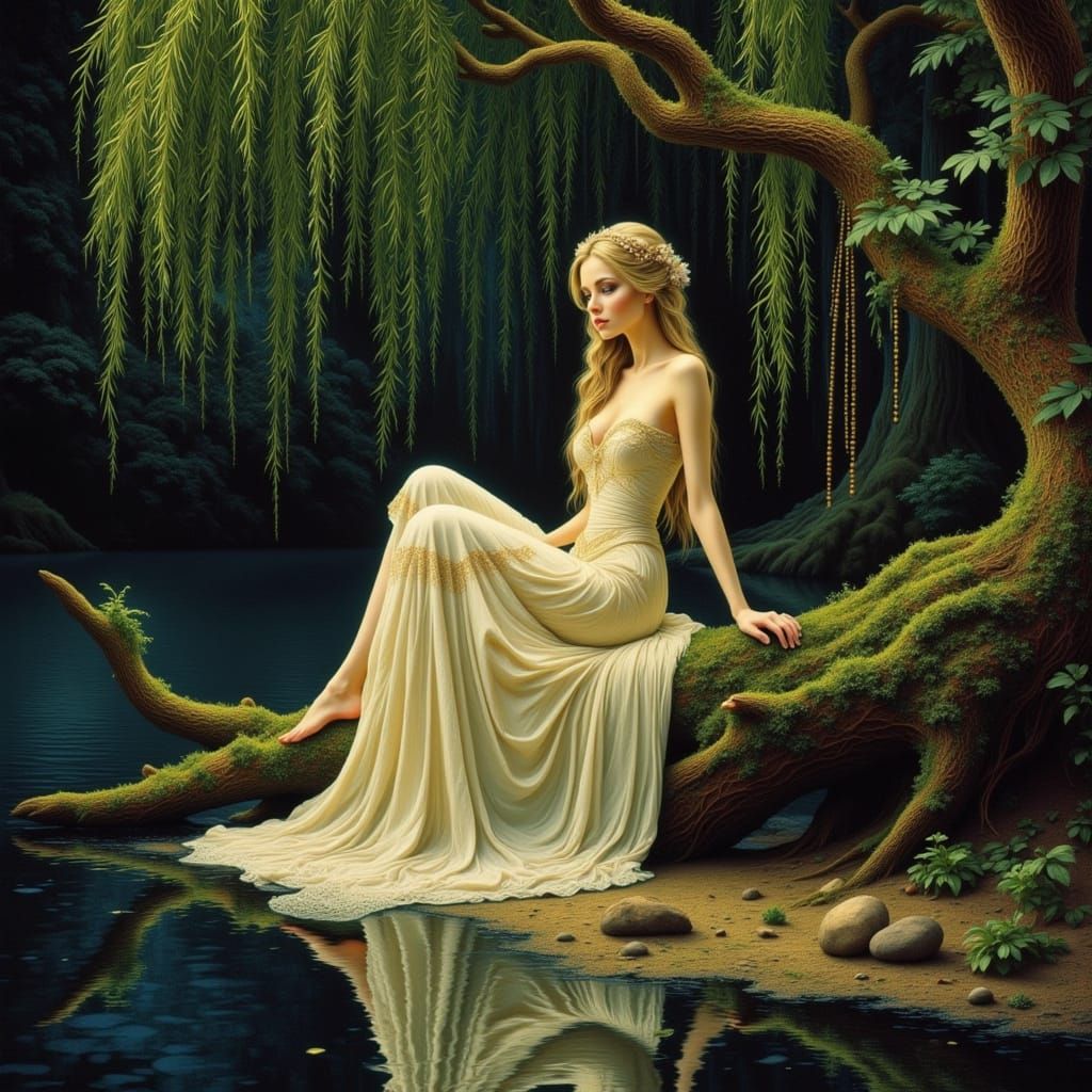 Woman by Lake in Mysterious Forest at Twilight