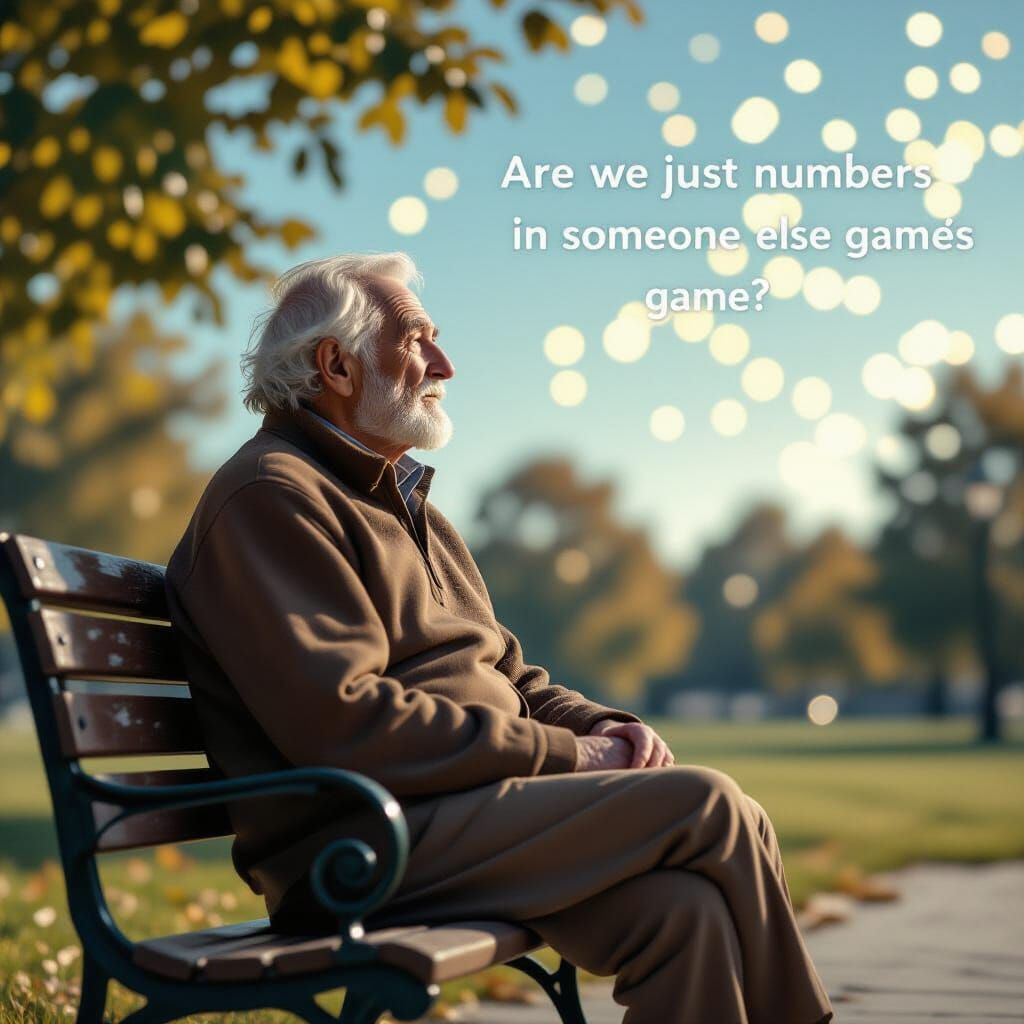 Pensive Old Man Gazing at Glitched Sky in Impressionistic St...