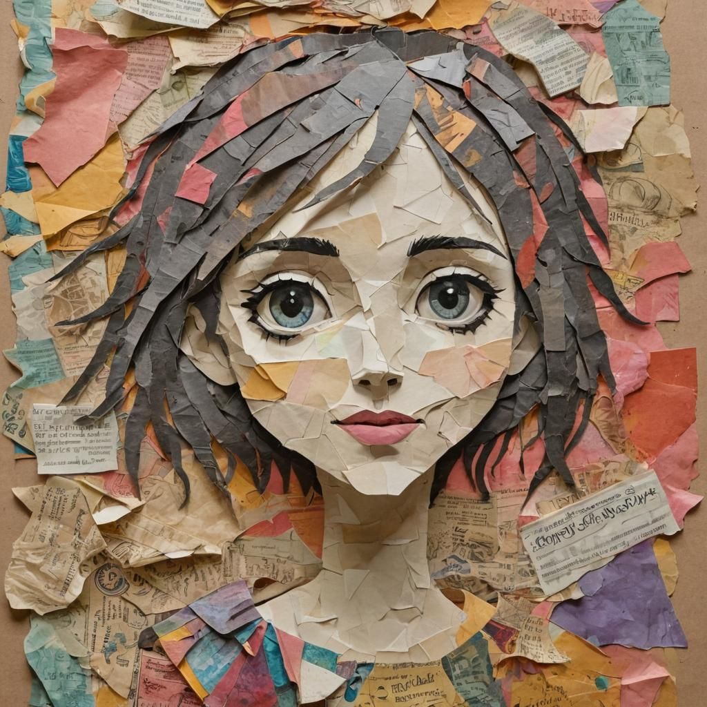 Torn Paper Collage of a Girl in Comic Lofi Style