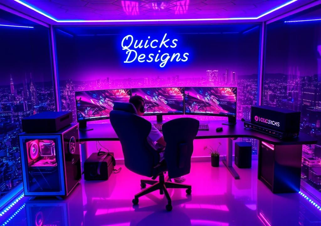 Immersive Gaming Setup with Neon and Cityscape