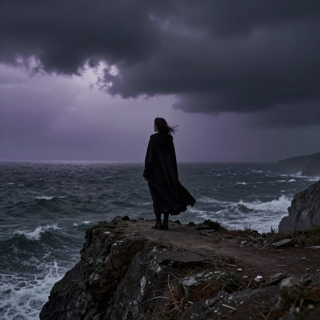 Woman on Cliff Edge Overlooking Stormy Sea