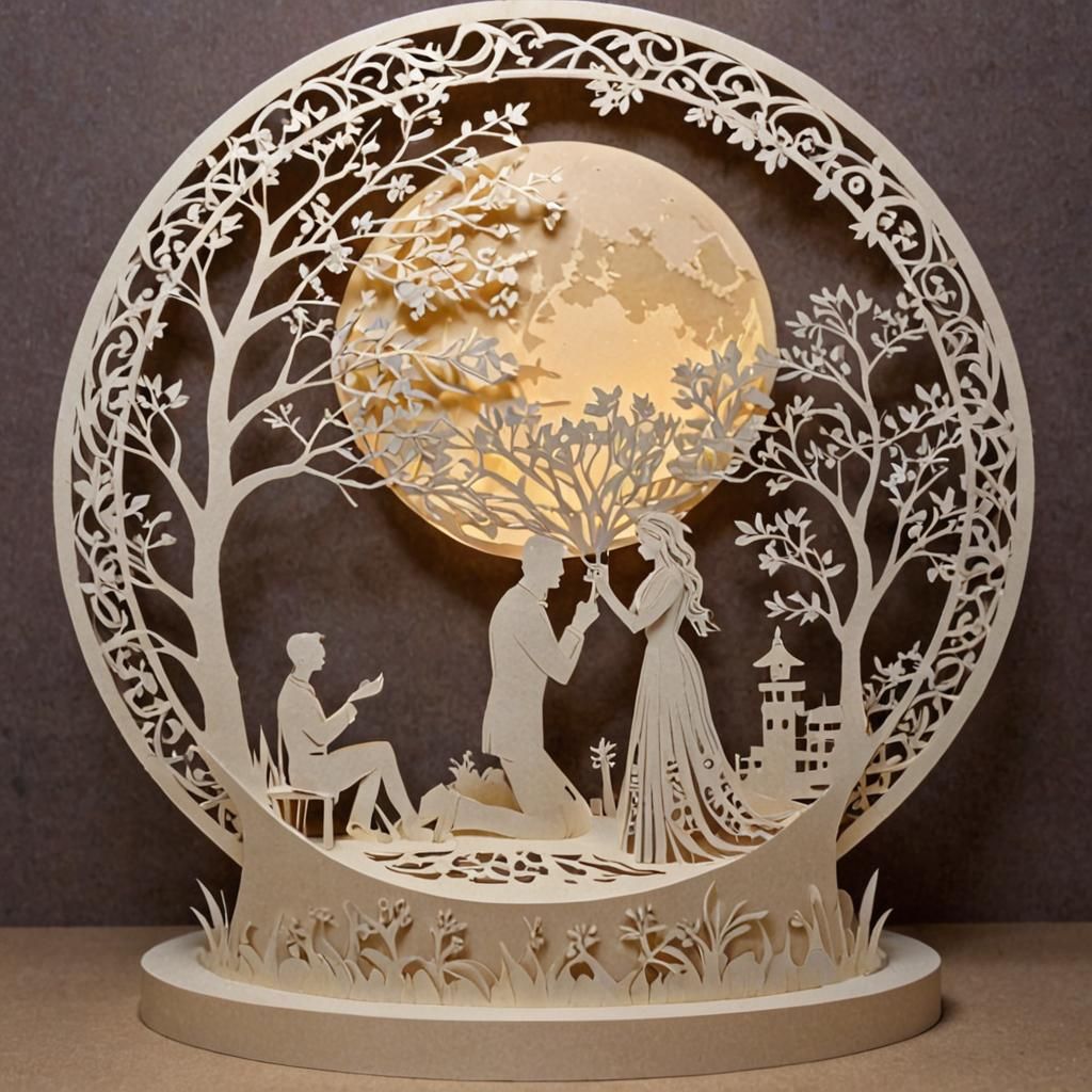 Romantic Proposal Scene in Kirigami Papercut Art