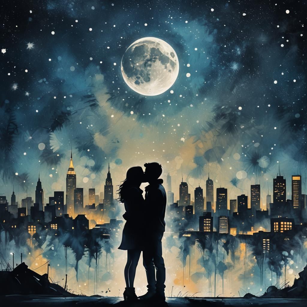 Romantic Kiss Under Starry Sky in Graffiti Art Style