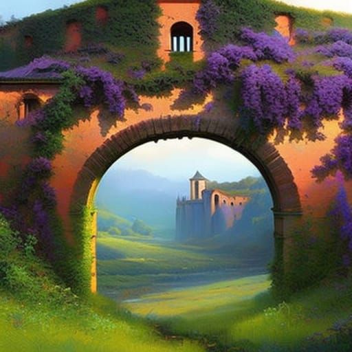 Vine-Laden Arch in Impressionistic Countryside