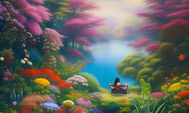 Woman in Floral Chair: Warped Perspective, Rich Colors