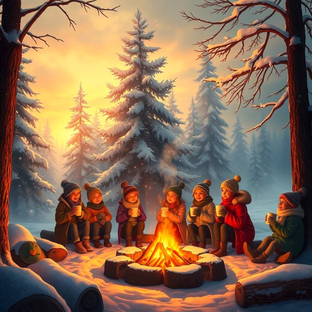 Whimsical Winter Wonderland with Campers and Pine Trees