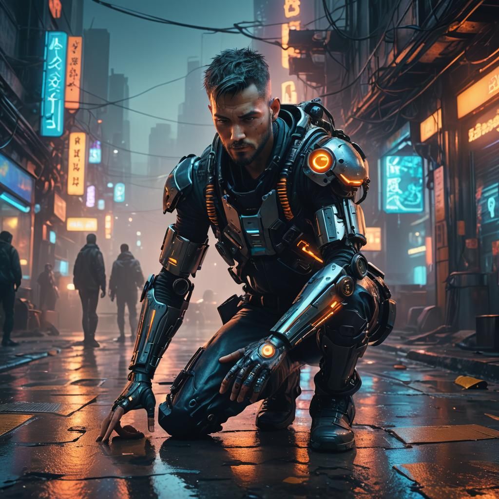 Man Inspecting Bionic Arm in Cyberpunk Style
