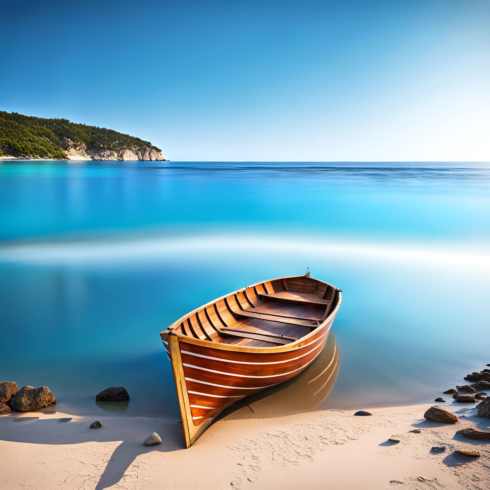 Wooden Boat on Shore with Blue Sea