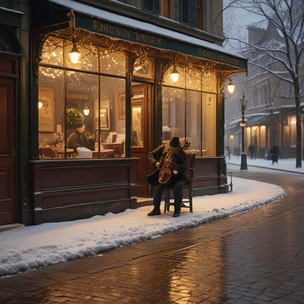 Parisian Cafe Christmas Eve in Impressionist Style