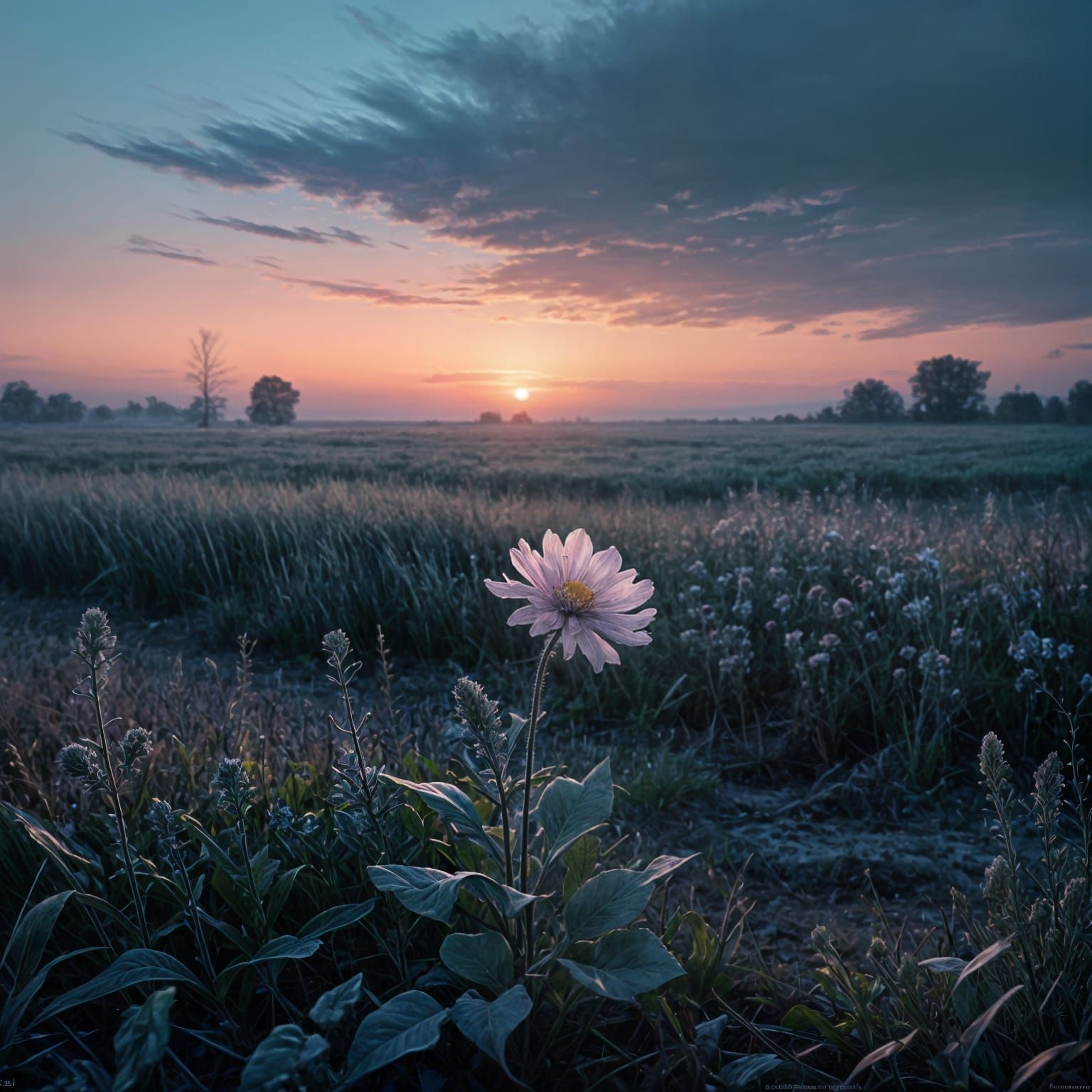 Surreal Twilight Field Painting with Glowing Flower
