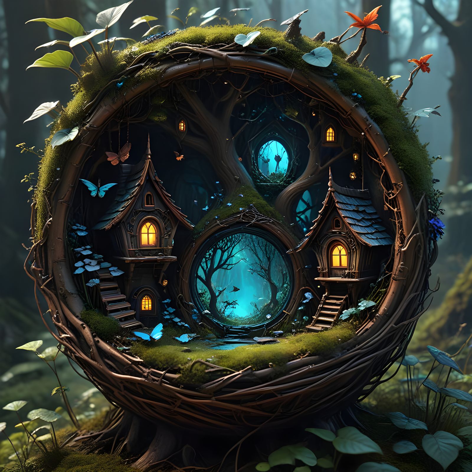 Fairy Village Macro in Bird's Nest, Jewel-Like Detail