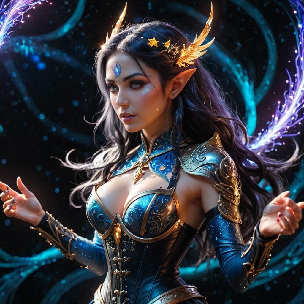 Tattooed Elf Mage with Glowing Sprites