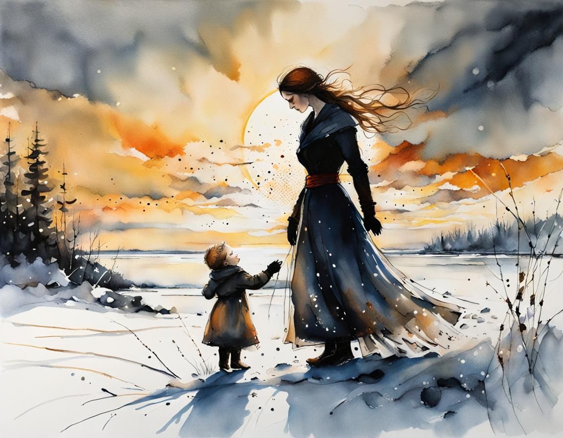 Mother and Child Embrace Winter Sunrise: Ink Illustration
