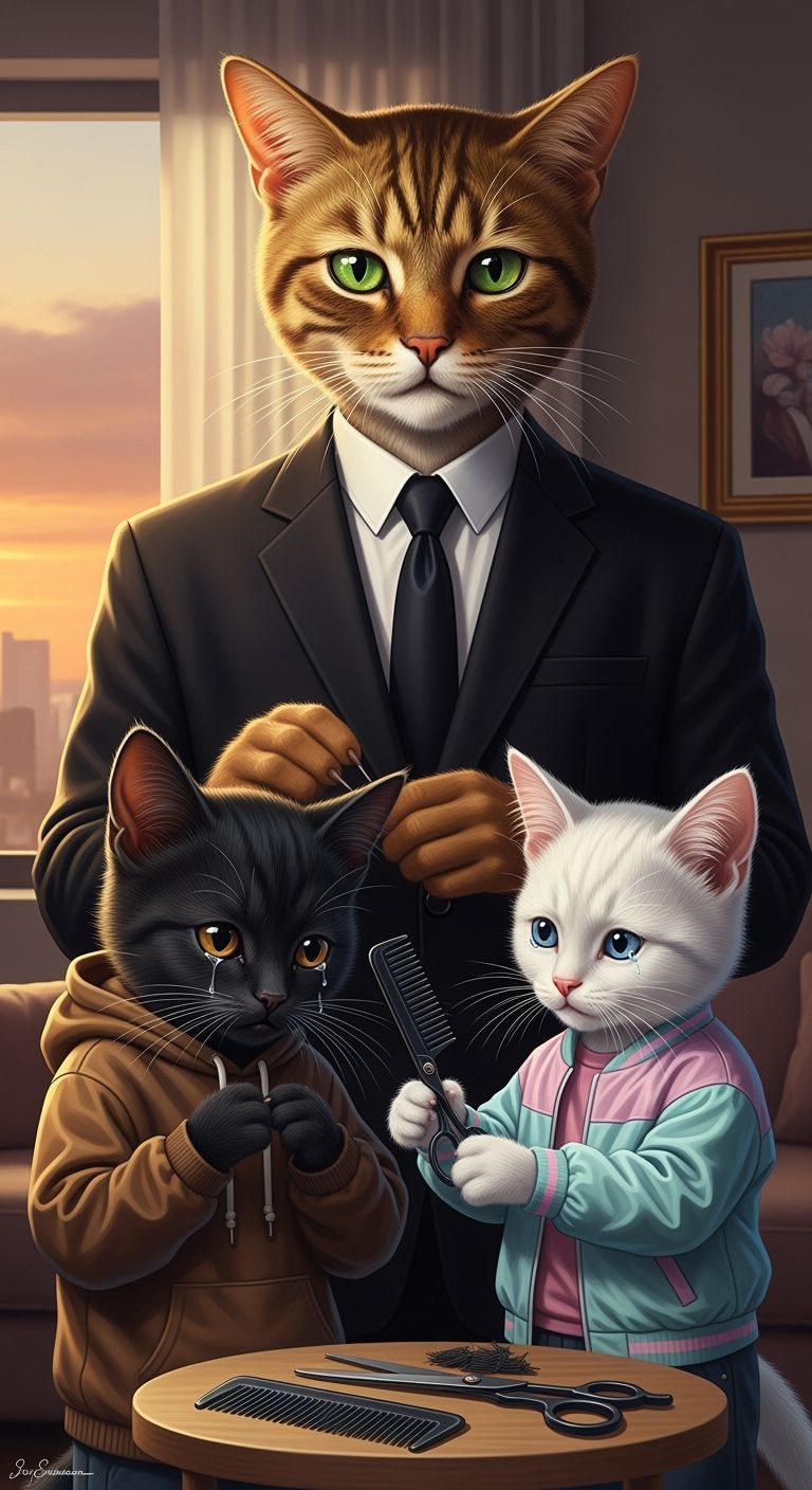 Humanoid Cat Family Preparing for a Haircut - Cinematic Art
