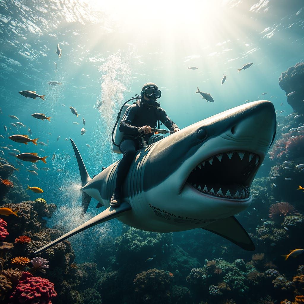 Scuba Diver Rides Shark in Tropical Ocean