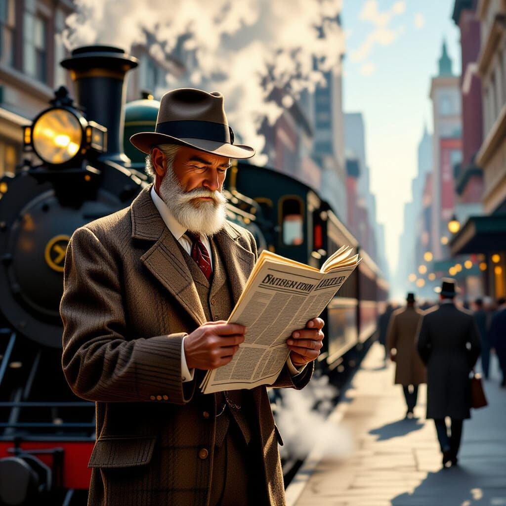 1920s Gentleman Reads Newspaper on Bustling City Street