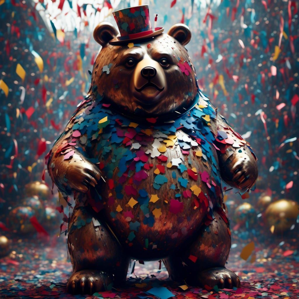 Excited Confetti Bear in Detailed Matte Painting