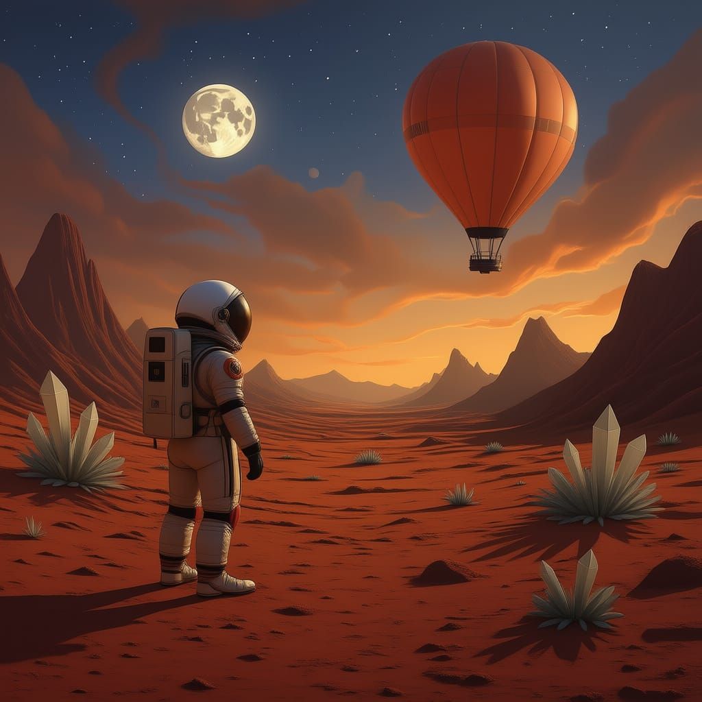 Astronaut on Crimson Planet Under Alien Skies