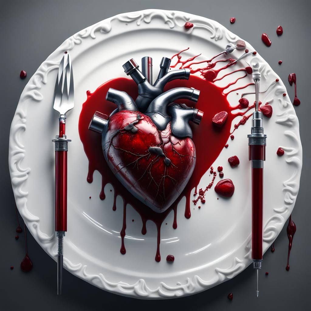 Hyperrealistic Bleeding Heart with Syringe on Plate