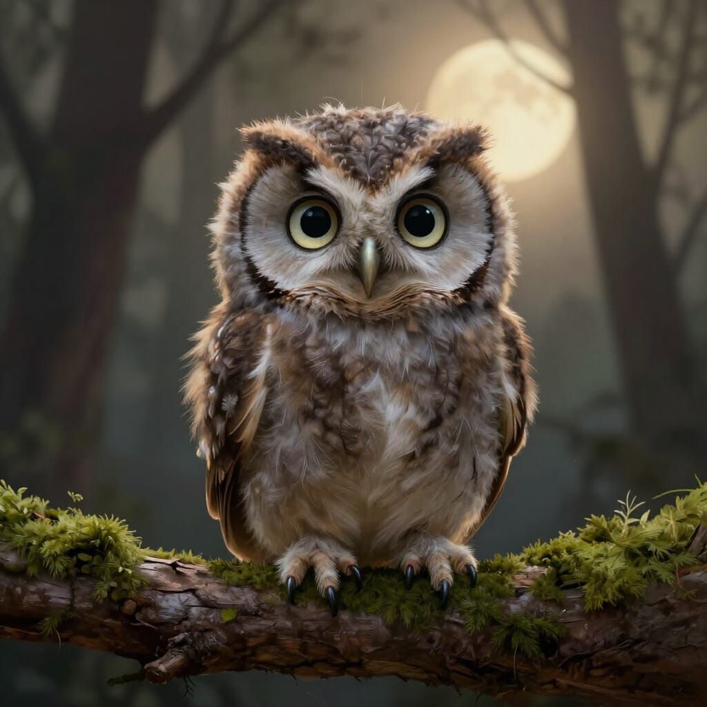 Fluffy Baby Owl on Mossy Branch in Moonlit Forest