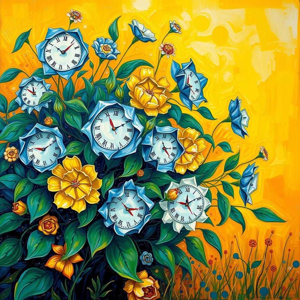 Vibrant Floral Clocks in Golden Light