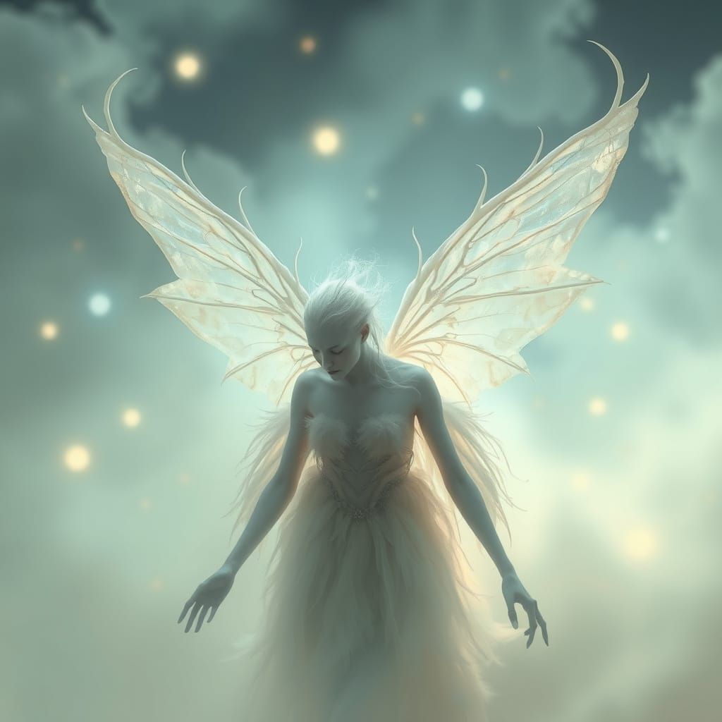 Surreal Winged Being in Soft, Shimmering Mist