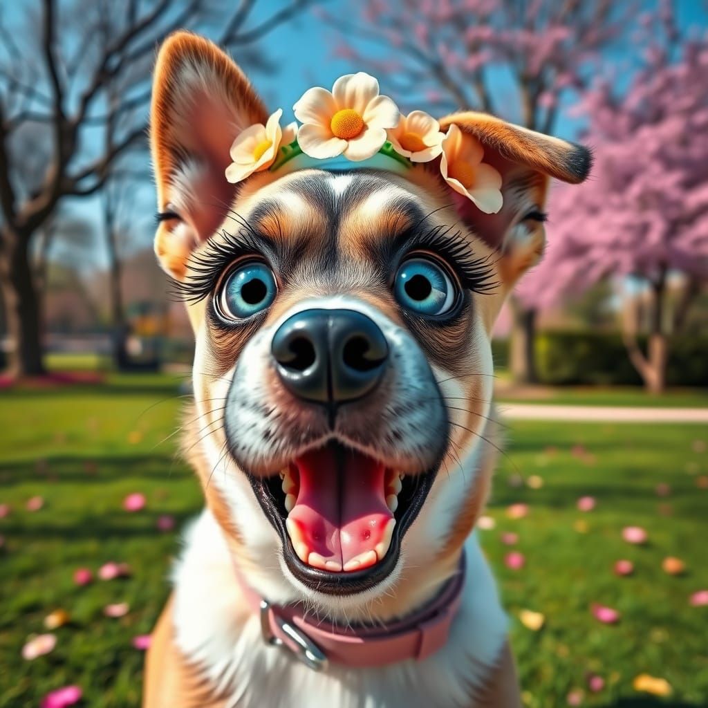 Surprised Dog with Blue Eyes and Flower Crown